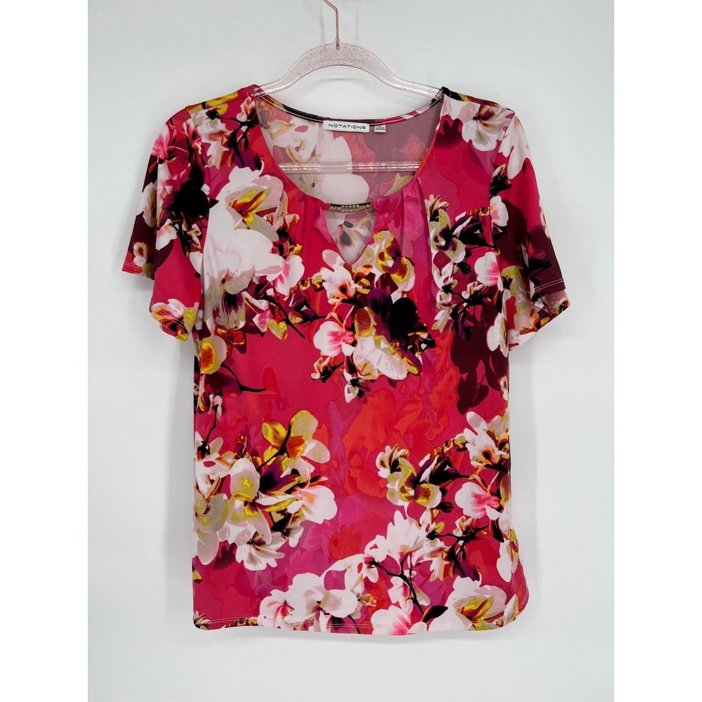 Notations Floral Print‎ Top Keyhole Blouse Short Sleeve Pink Women's L